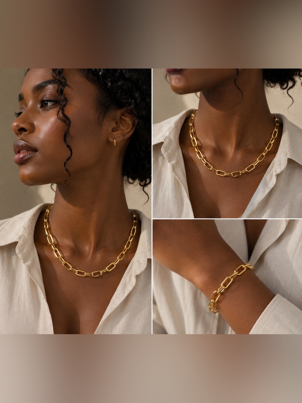 Polished Gold Link Necklace and Bracelet Set